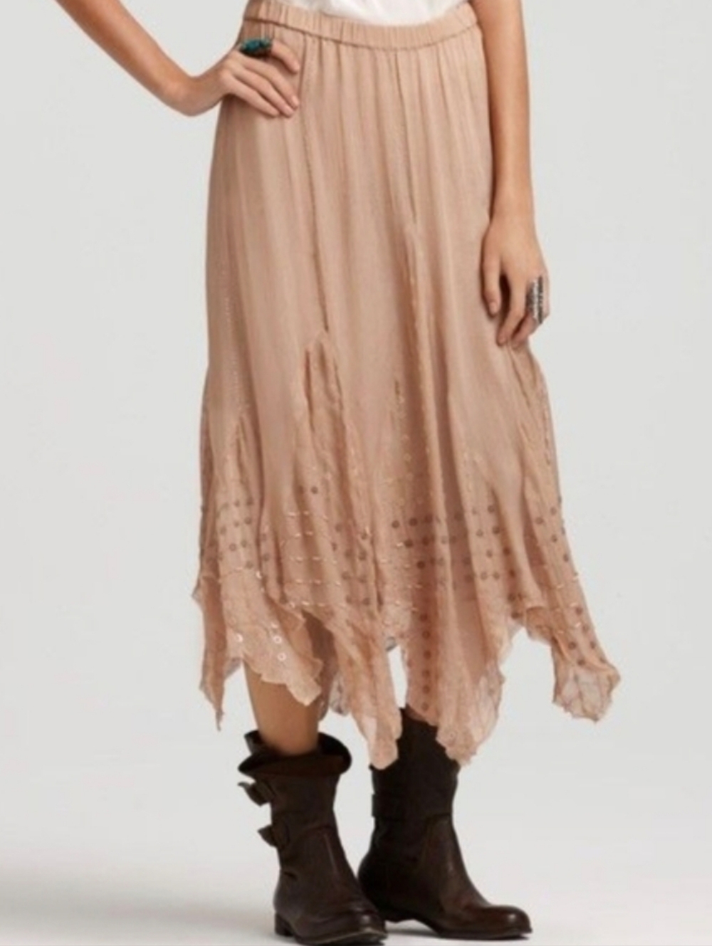 Free People Jagged Edge Beaded Sequin Asymmetrical Handkerchief Hem Maxi Skirt S